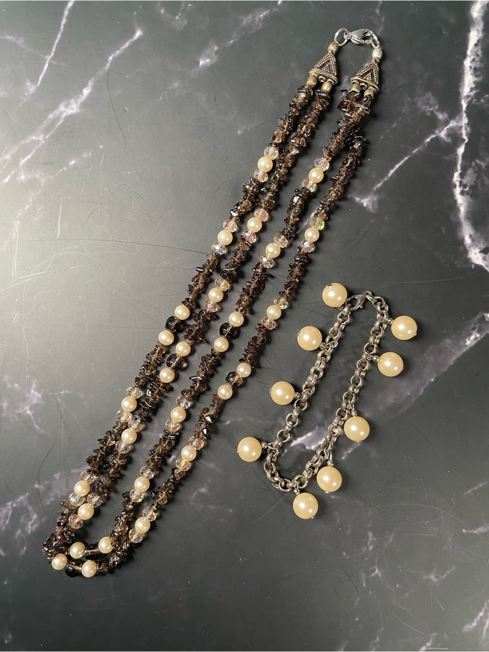 Vintage 2 Piece Multi Strand Smoky Quartz & Faux Pearl & Charm Bracelet Set